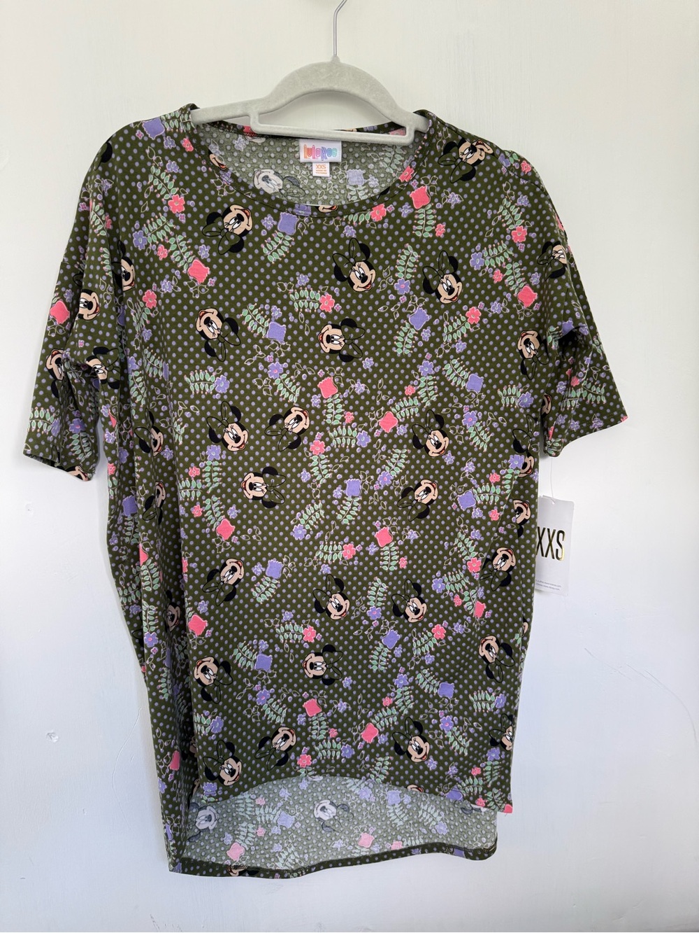 LuLaRoe Irma Tunic XXS Minnie Mouse Floral/Polka Dot Short Sleeve Olive